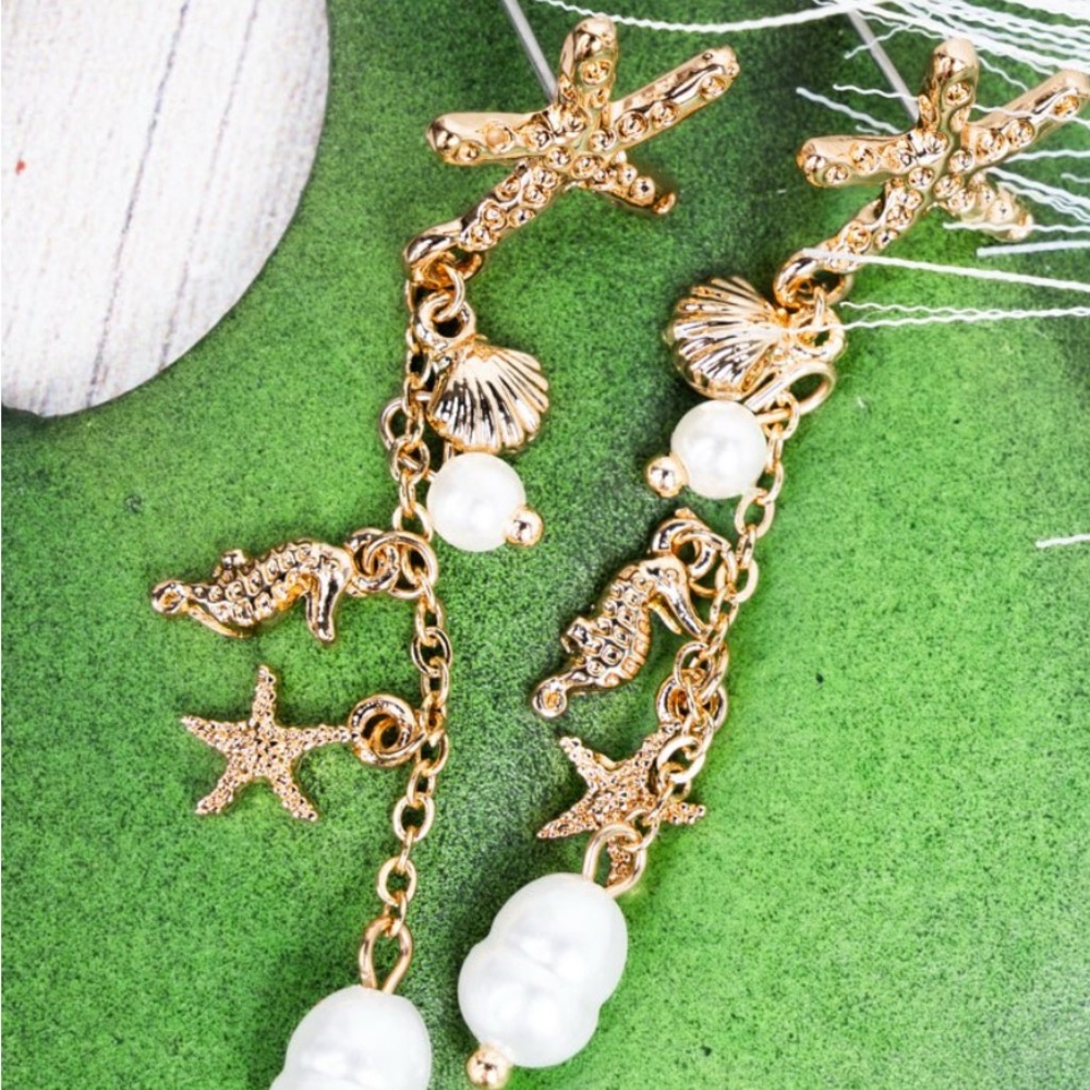 Goldtone‎ Starfish, Seahorse, and Pearl Dangle Earrings